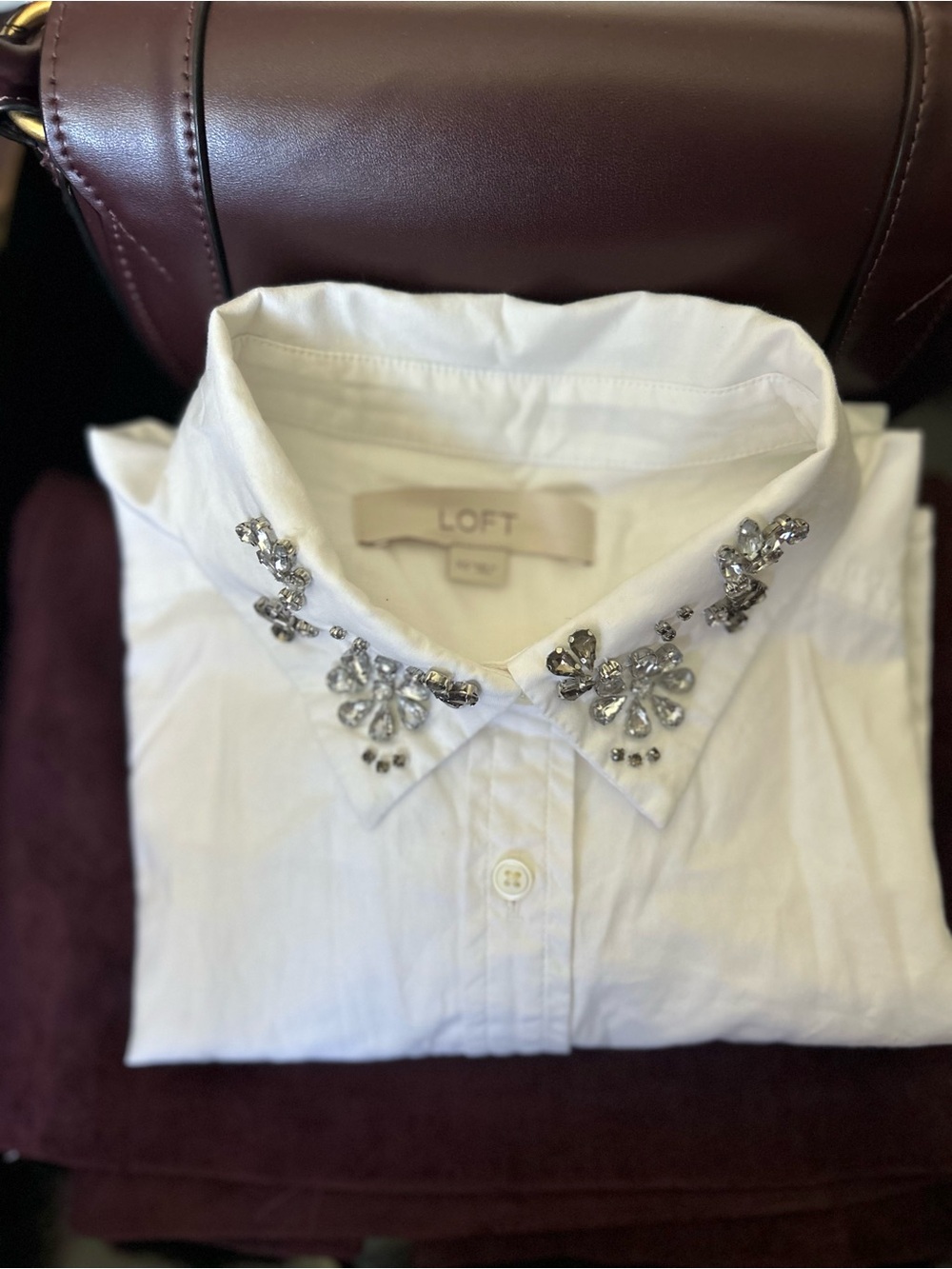 LOFT White Button-Down Shirt with Jeweled Collar XS